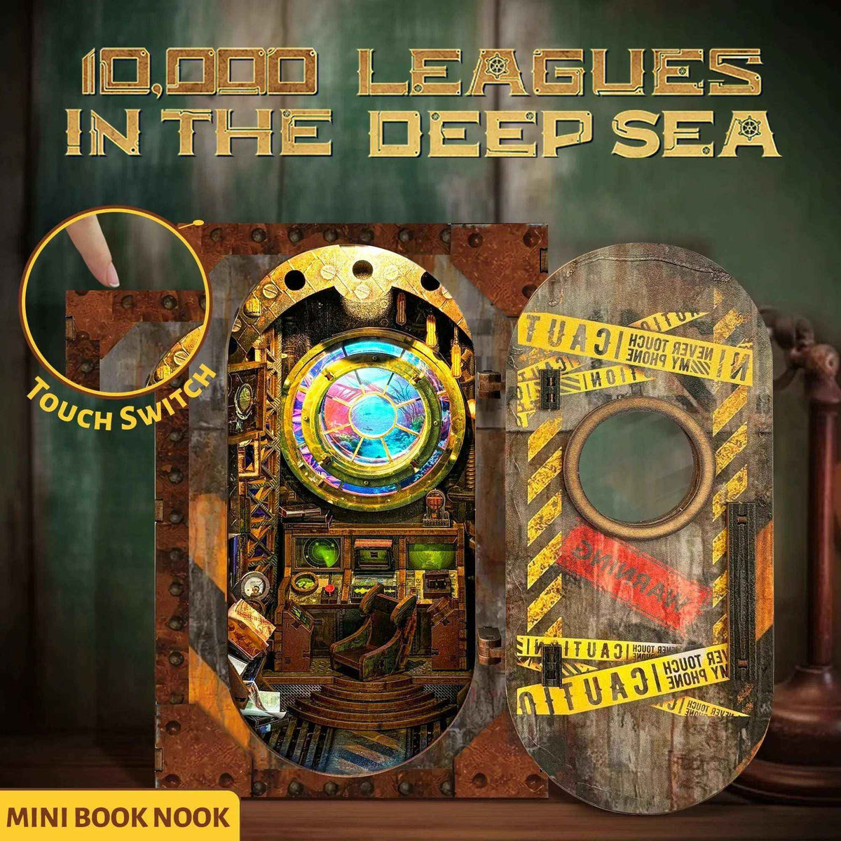 10,000 Leagues in the Deep Sea opened cover and illuminated interior, with a touch-switch callout.