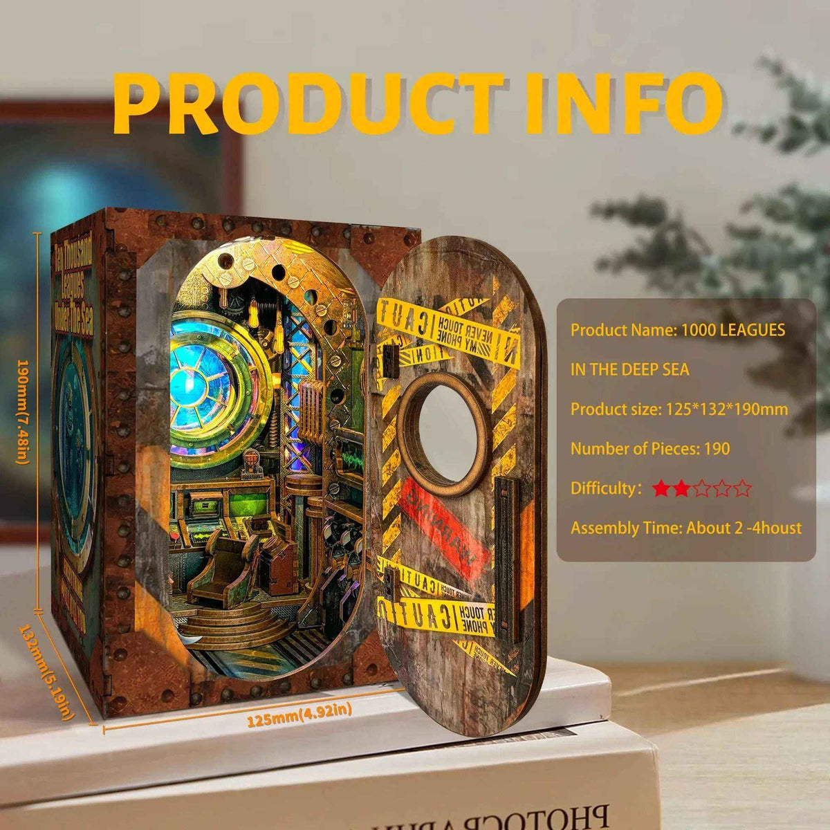 10,000 Leagues in the Deep Sea book nook specification card with finished dimensions.