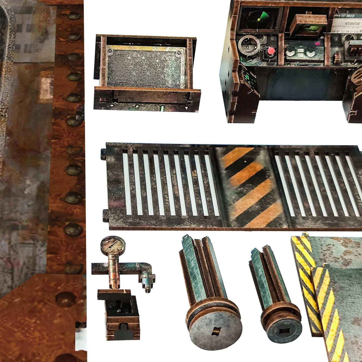 10,000 Leagues in the Deep Sea miniature panels, pipes and interior components laid out separately.