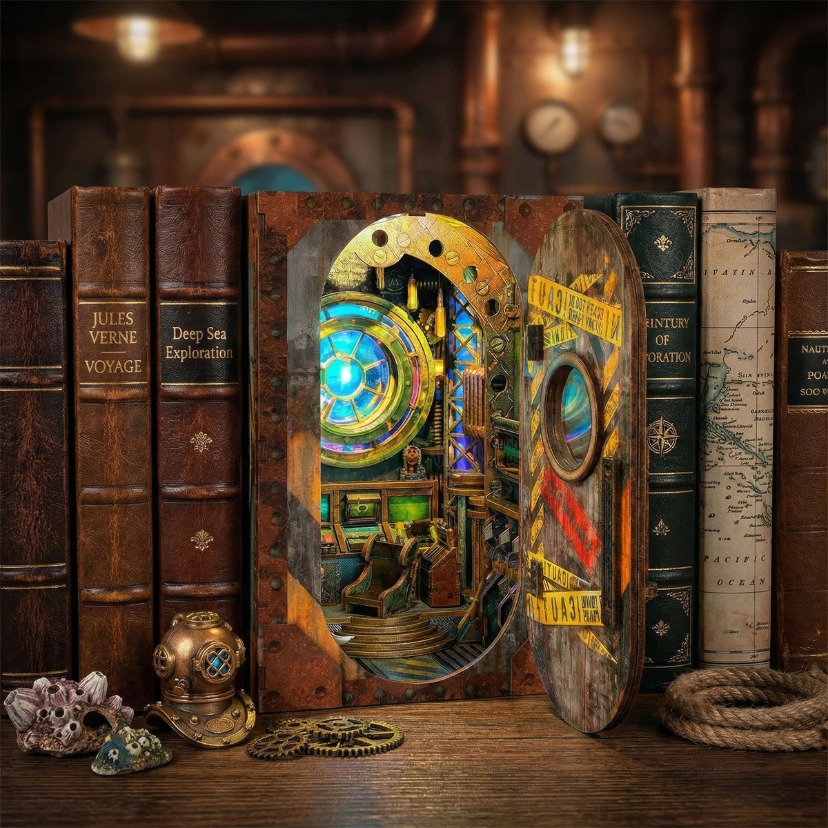 10,000 Leagues in the Deep Sea book nook between books, with a bright circular submarine window.