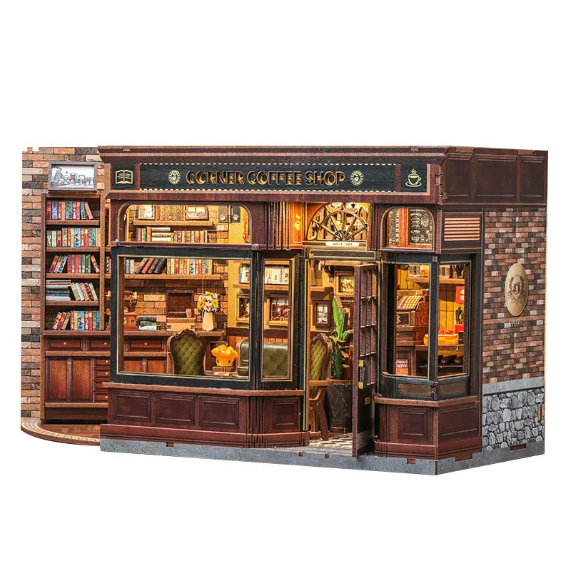 Side shot of Corner Coffee Shop miniature book nook kit