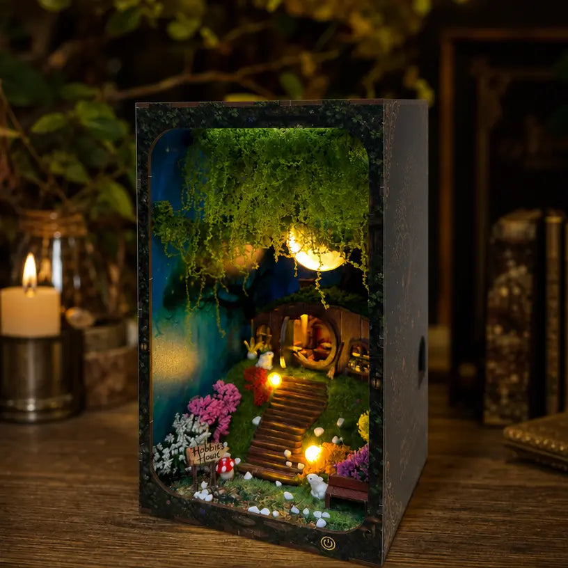Side profile photo of Hobbins Hovel hobbit house book nook,