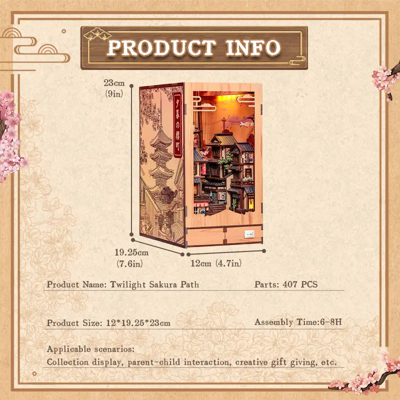 Size specification info graphic of TwilightSakura Path DIY Book Nook Kit