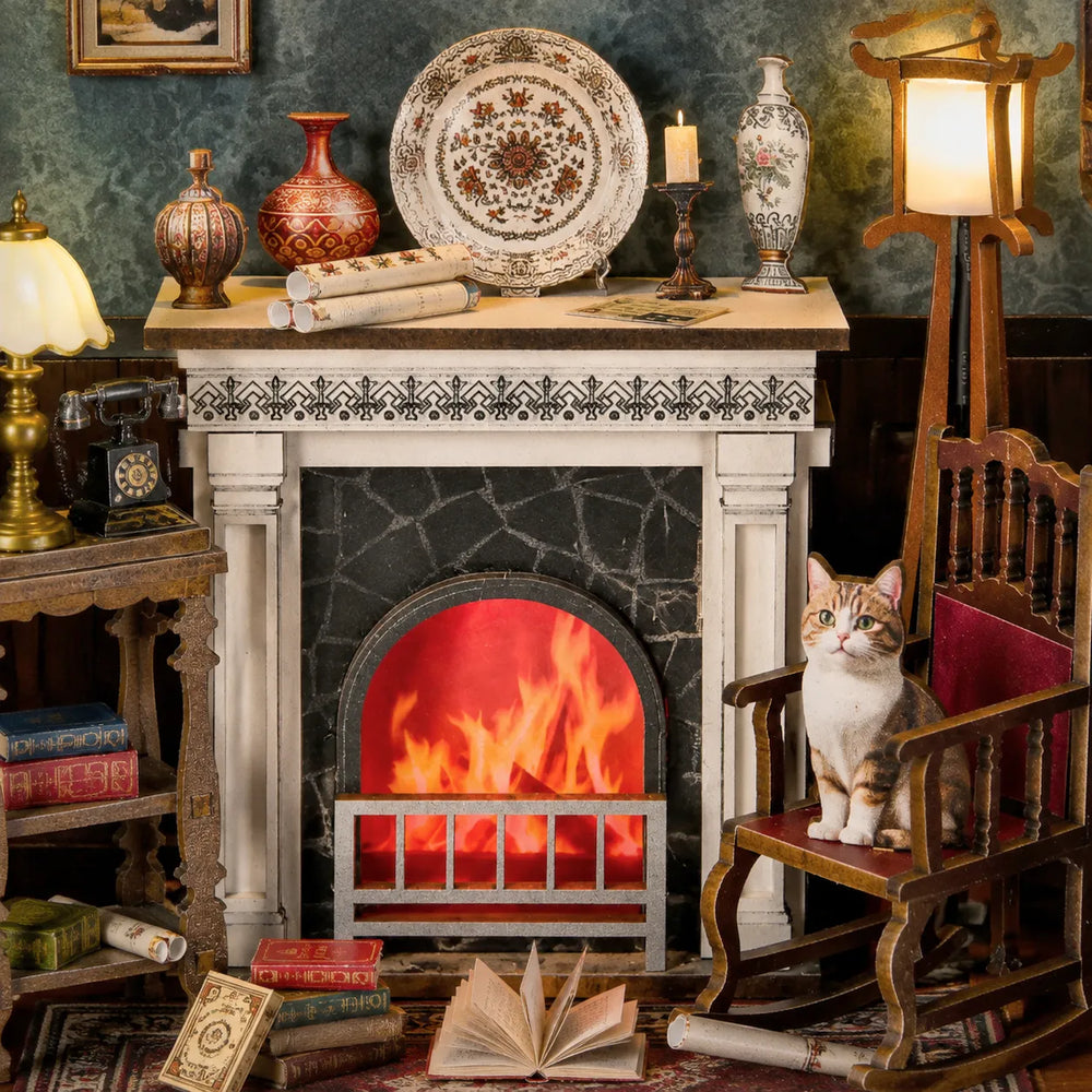 Charming Cat & Miniature Décor — Fireplace DIY Story Frame Puzzle Kit