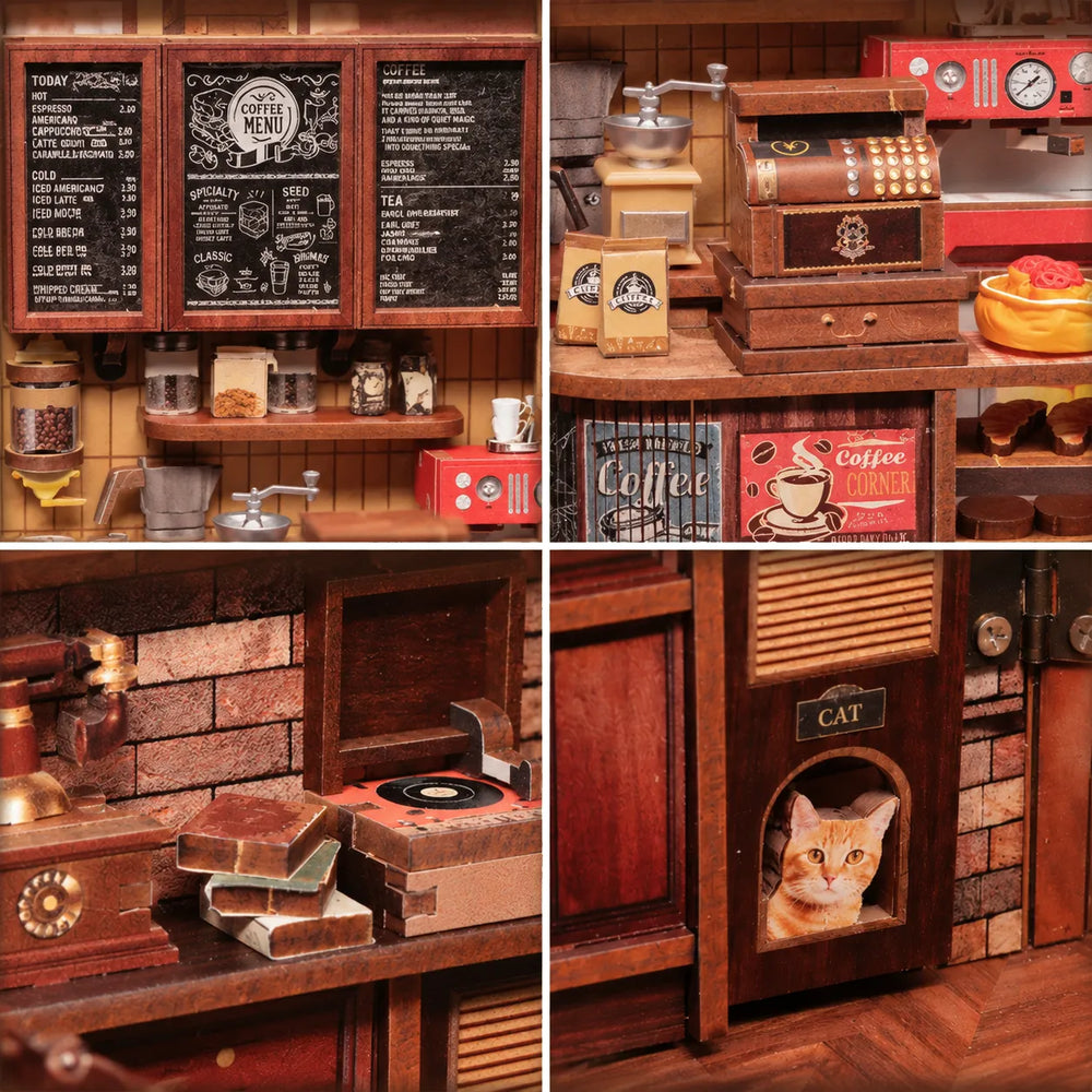 Retro Café Details & Cat Doorway — Corner Coffee Shop DIY Miniature Kit