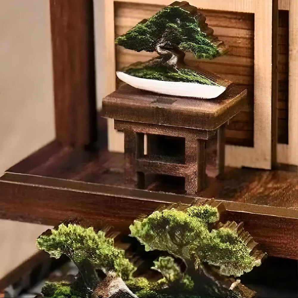 Mini Bonsai & Moss Garden Details — Moss-Lantern Harmony Garden DIY Book Nook Kit