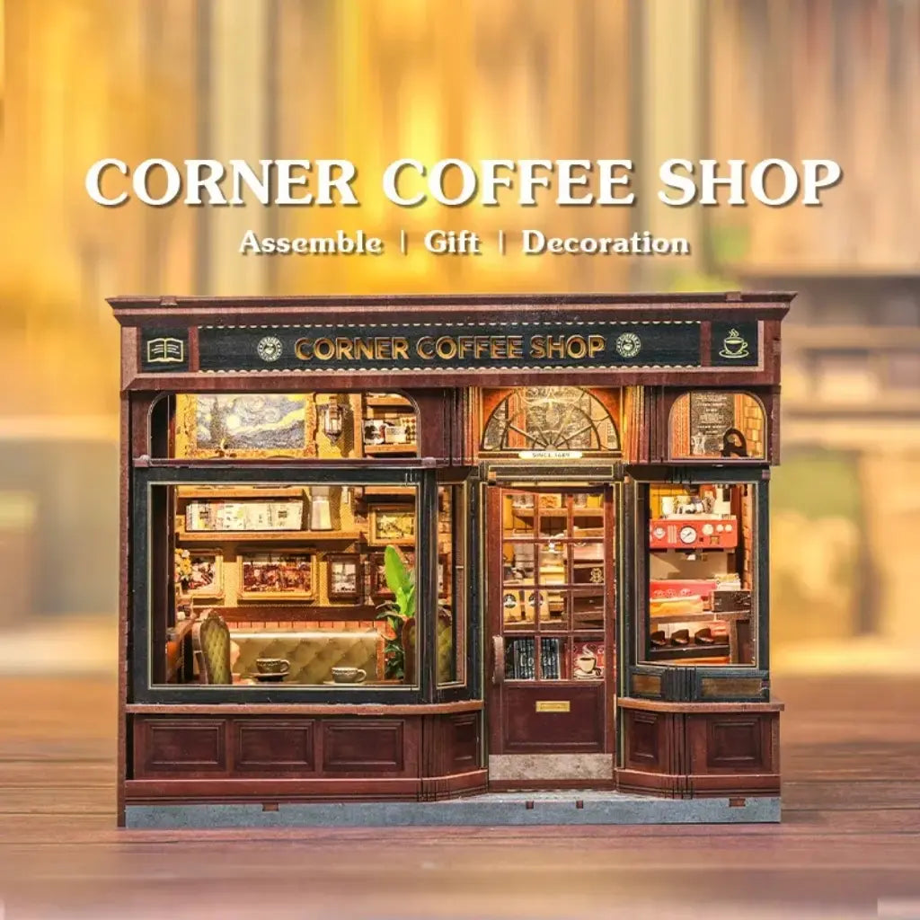 Front view of CuteBee Corner Coffee Shop miniature book nook kit