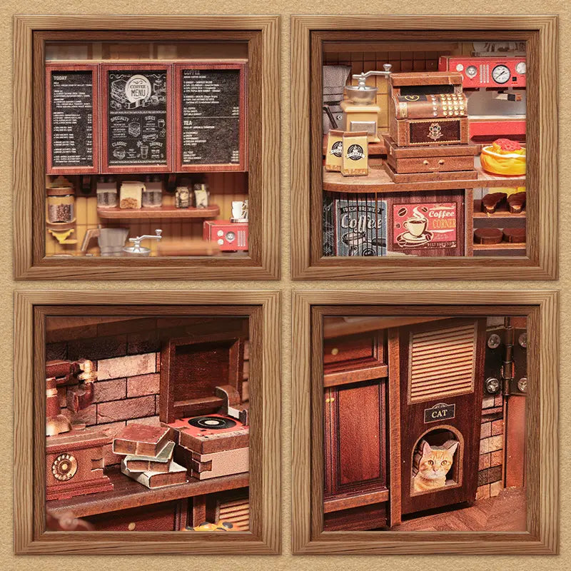 Close-up detail shots of Corner Coffee Shop DIY book nook miniature