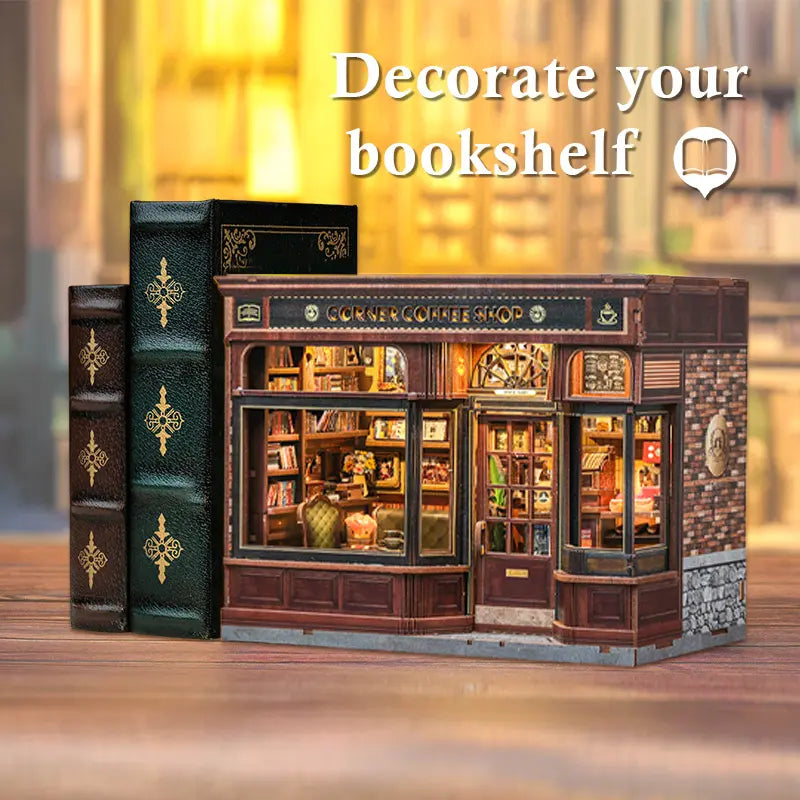 Book shelf display shot of Corner Coffee Shop DIY book nook miniature