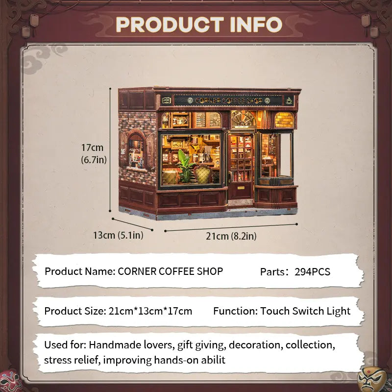 Size specification info graphic of Corner Coffee Shop DIY miniature book nook kit