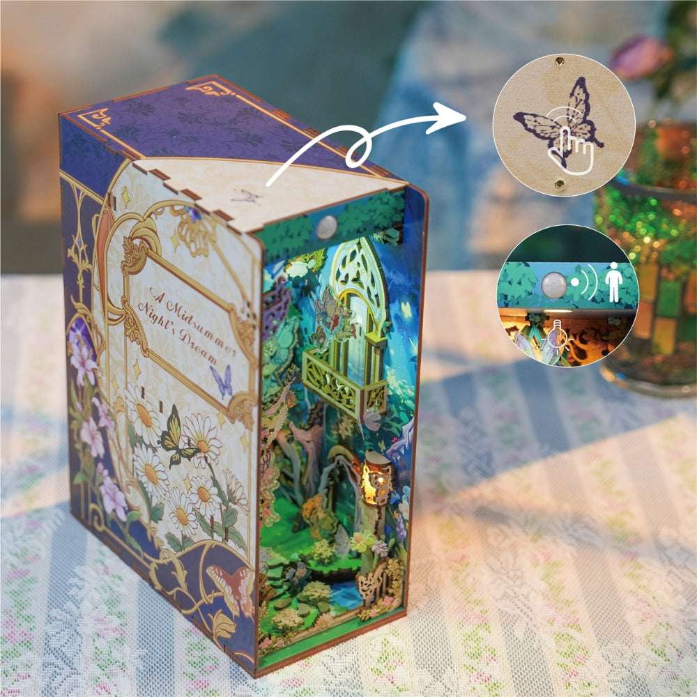 Angled A Midsummer Night's Dream book nook with butterfly decoration and lighting-control callouts.