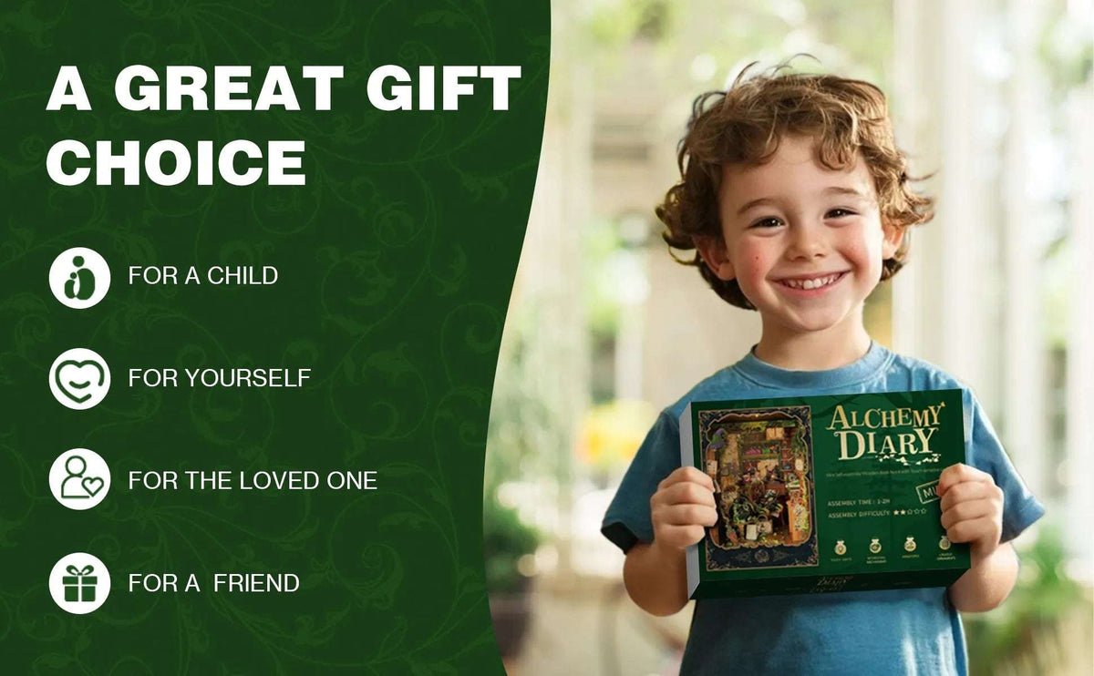 Child holding an Alchemy Diary kit box.