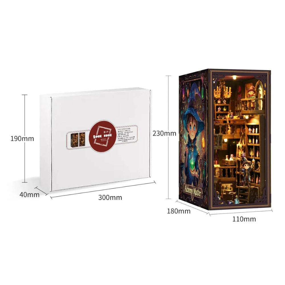 Alchemy Master model and packaging dimension diagrams.