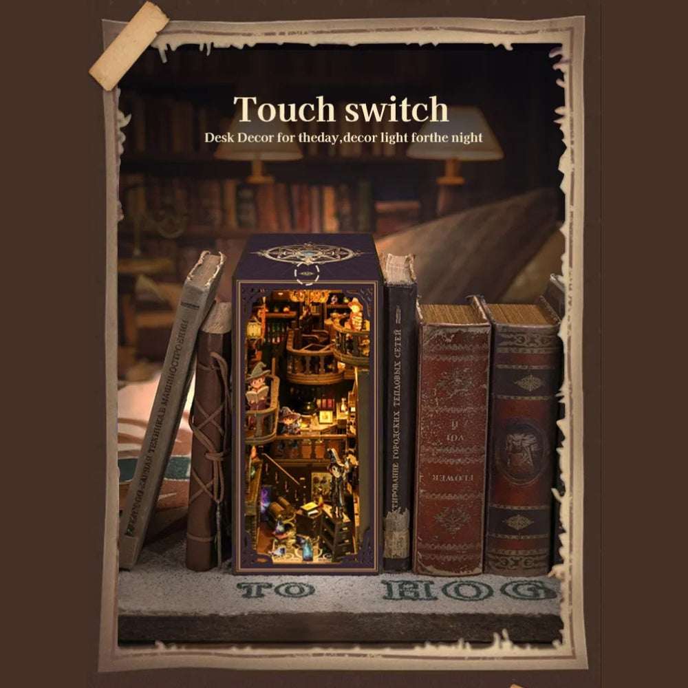 Alchemy Master book nook with a callout marking the top touch-lighting switch.