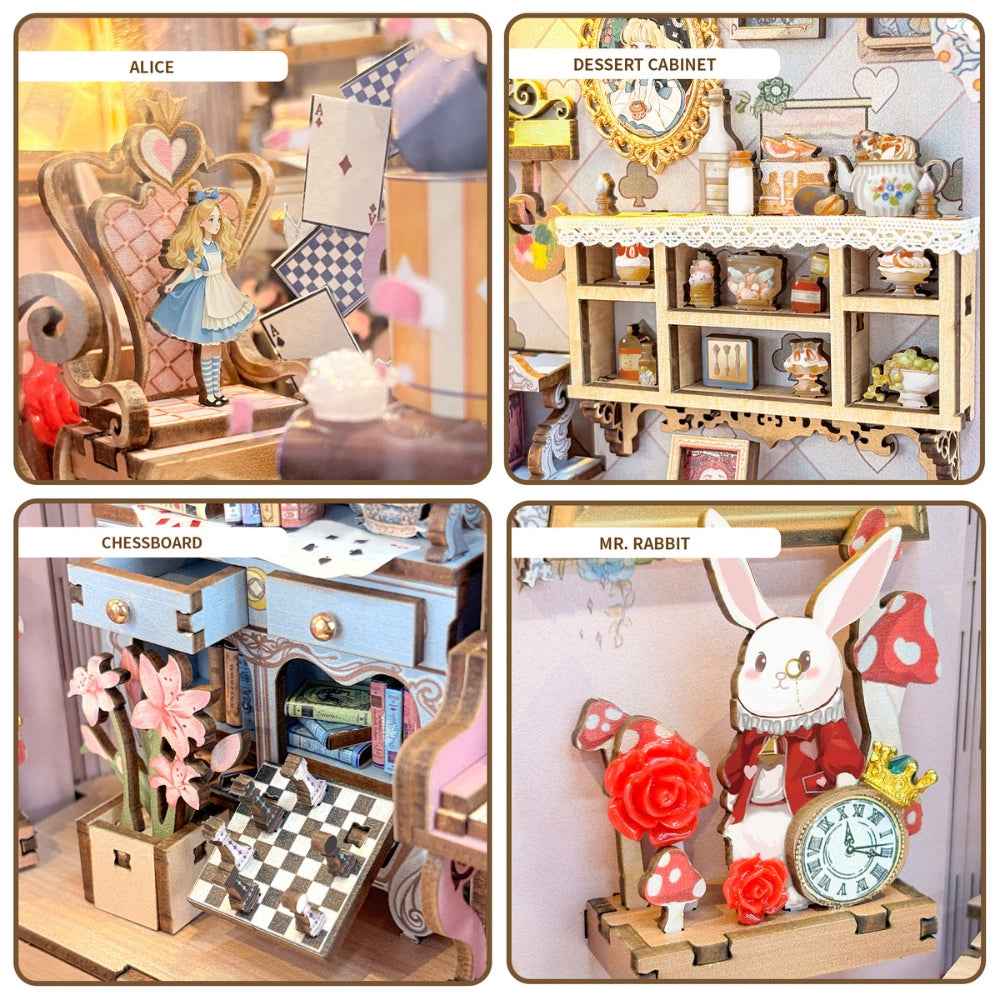 Alice's Tea Party Diary details showing Alice, dessert shelves, a checkerboard and a rabbit figure.