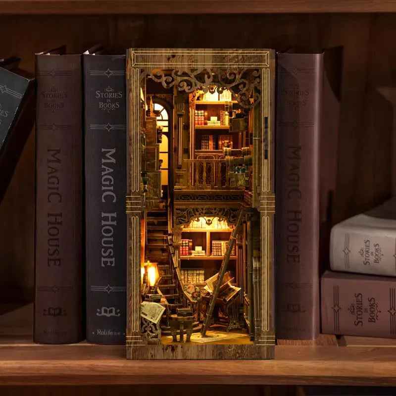 Ancient Book Collection Room displayed on a bookshelf between dark book covers.