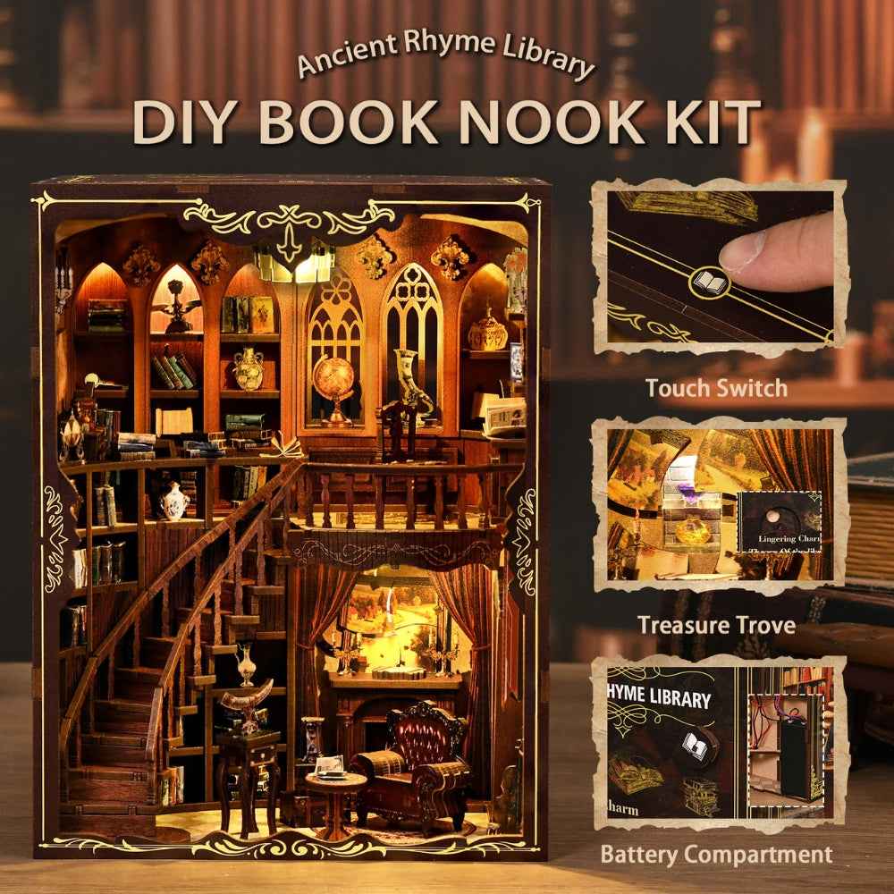 Ancient Rhyme Library feature collage with touch-switch, fireplace and battery-compartment details.