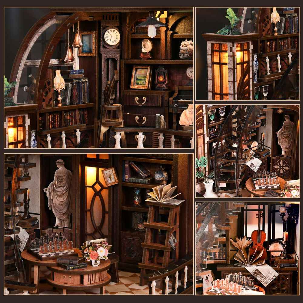 Bacchus Bookstore details showing display shelves, a statue, violin and reading furniture.