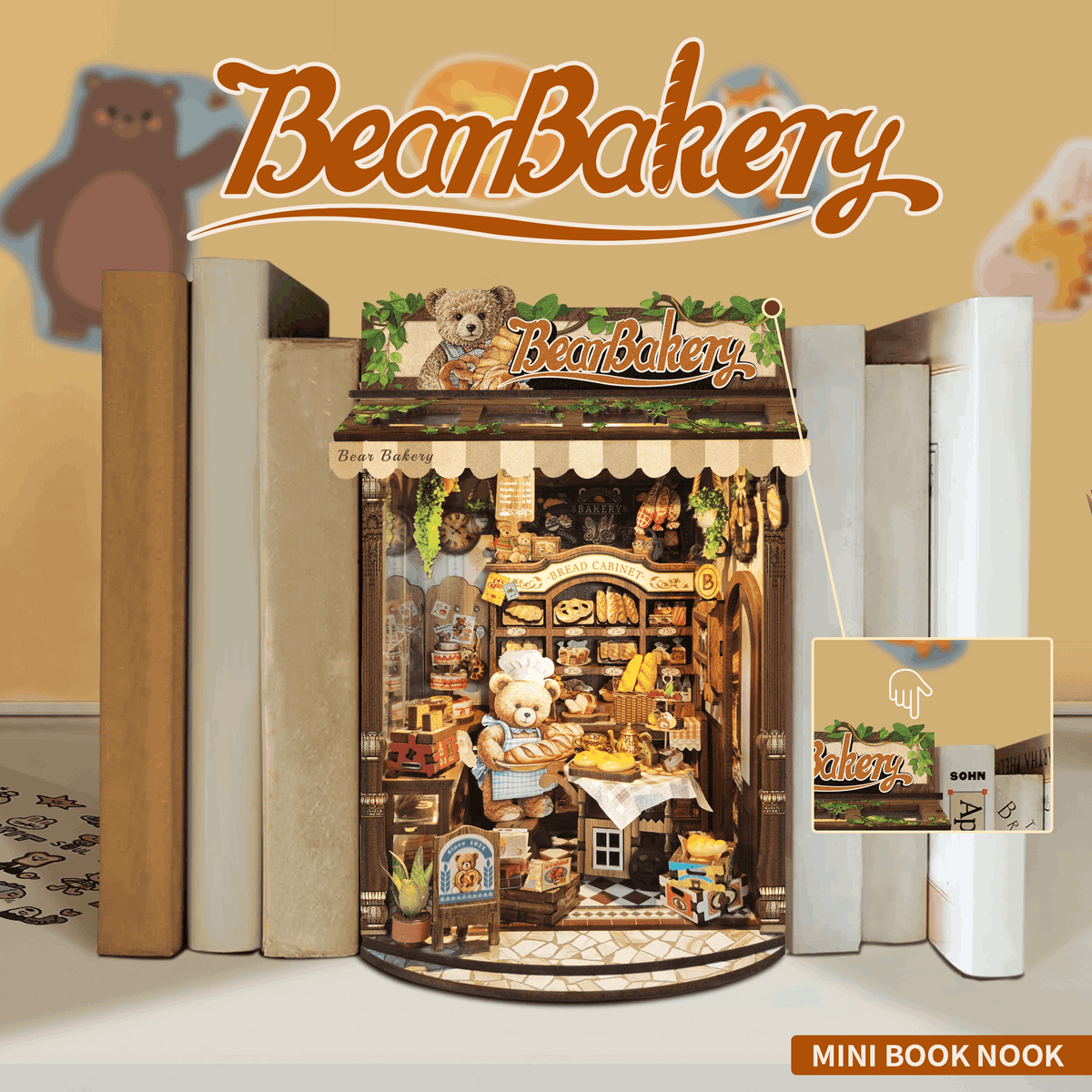 Bear Bakery book nook between books, with a bear shopkeeper and miniature bread display.