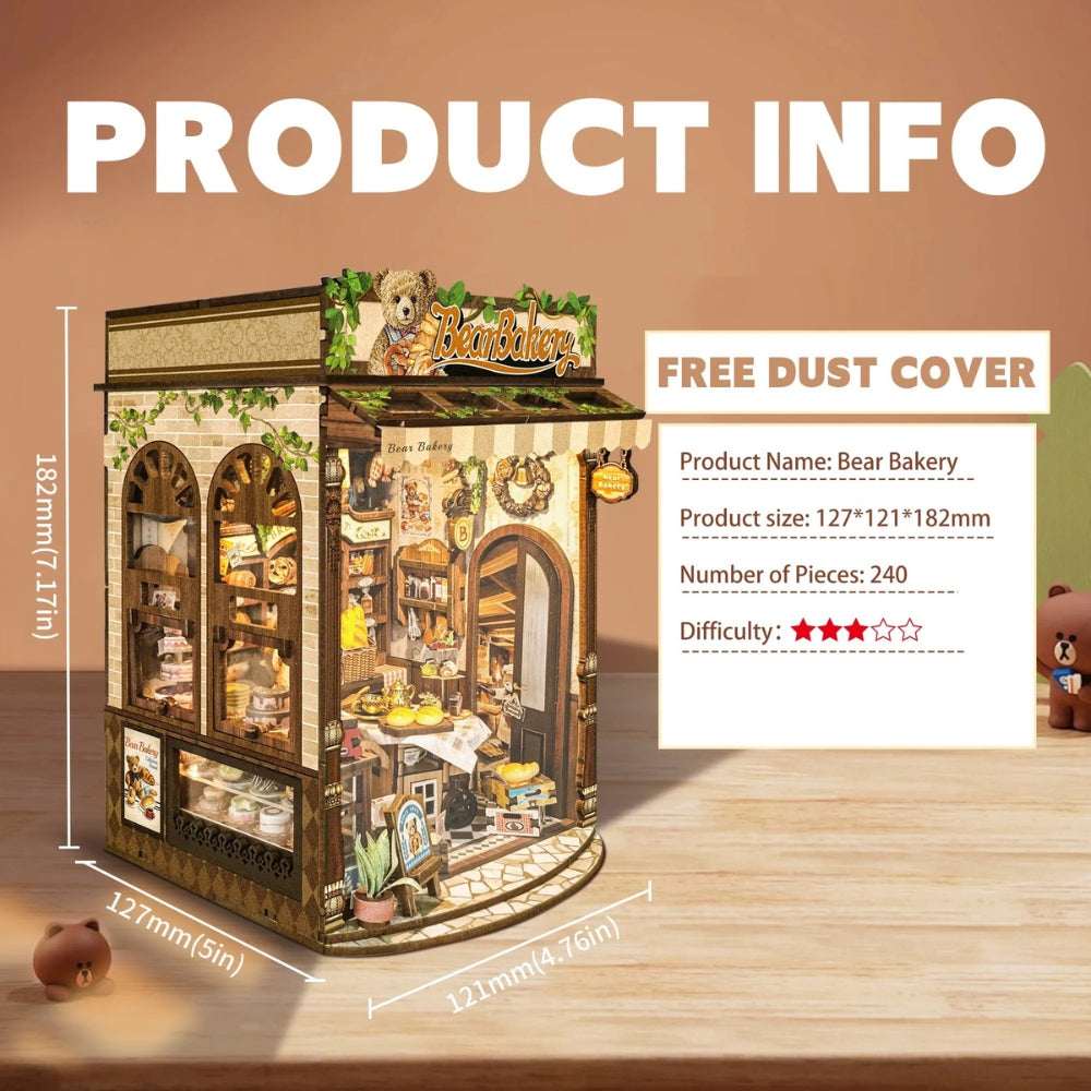 Bear Bakery product information card with dimensions and clear-cover information.