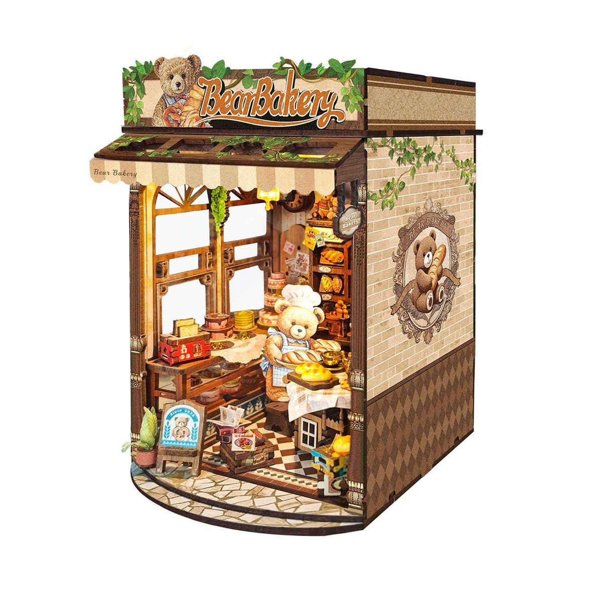 Angled Bear Bakery book nook showing its curved shop window and bear-portrait side panel.