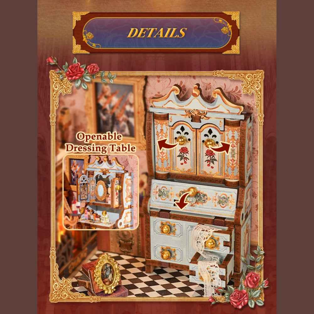 Beast and Beauty miniature dressing table shown with its cabinet doors open.