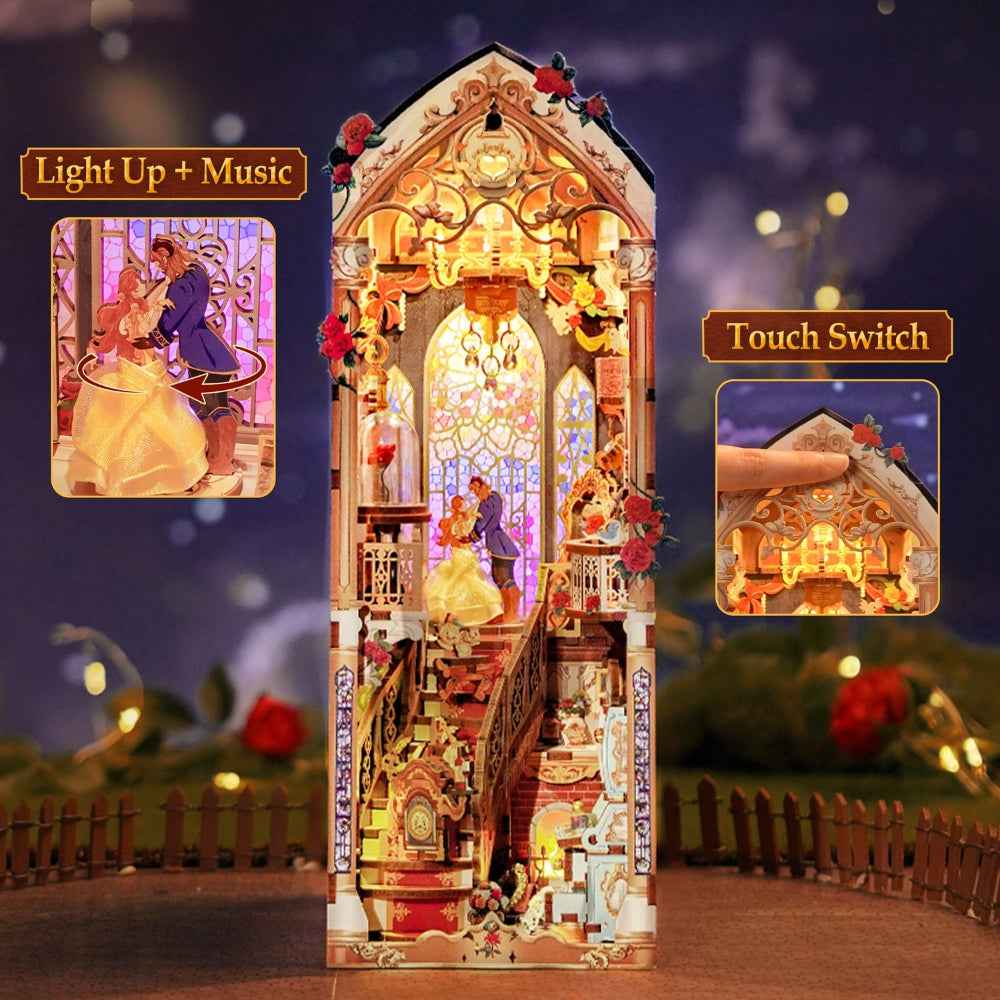 Beast and Beauty lighting-and-music illustration with a touch-switch inset.