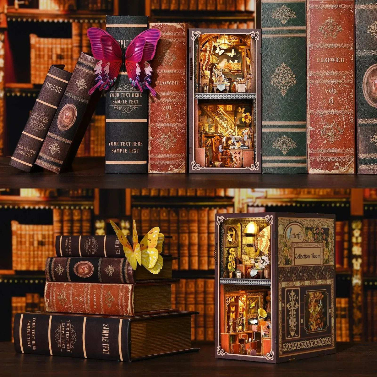 Butterfly Collection Room book nook displayed among books with decorative butterflies nearby.