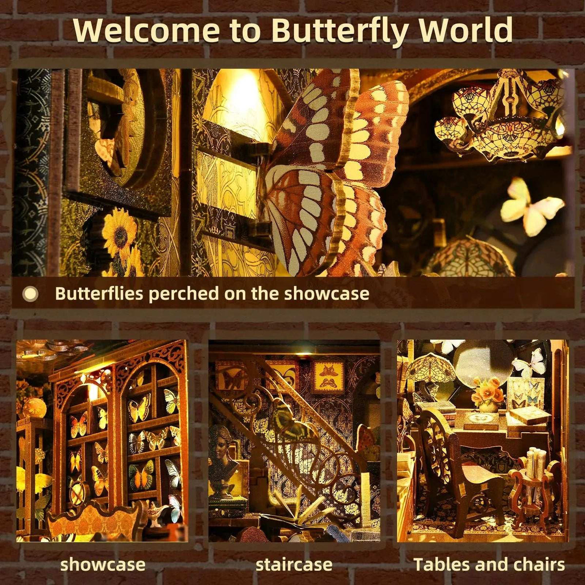 Butterfly Collection Room details showing specimen displays, a staircase and miniature tables and chairs.