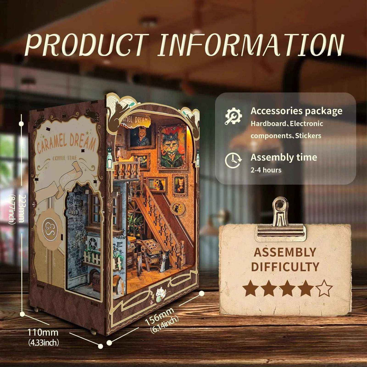 Caramel Dreams book nook specification diagram showing the finished cat café and its dimensions.
