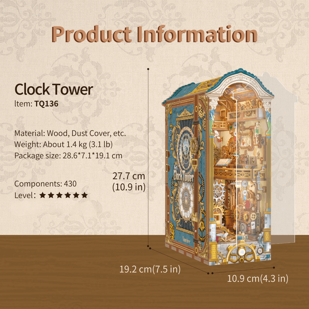 Clock Tower product information card with finished dimensions.