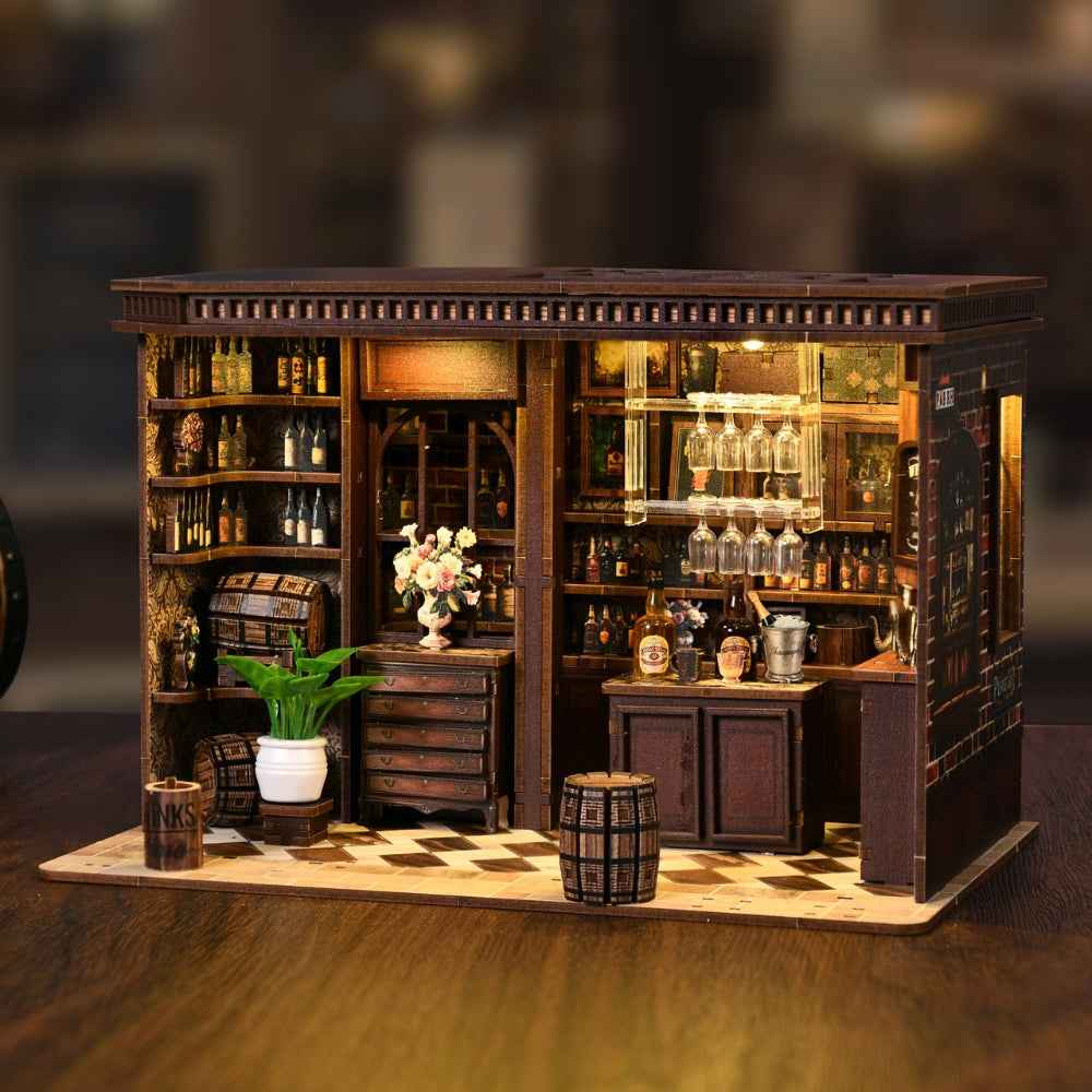 Corner Tavern miniature pub with a dark wooden bar, stools and shelves of tiny bottles.