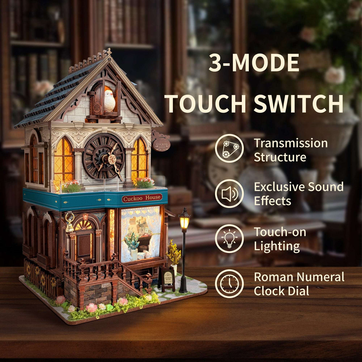 Cuckoo Clock House feature card showing the touch control, clock face and lighting.