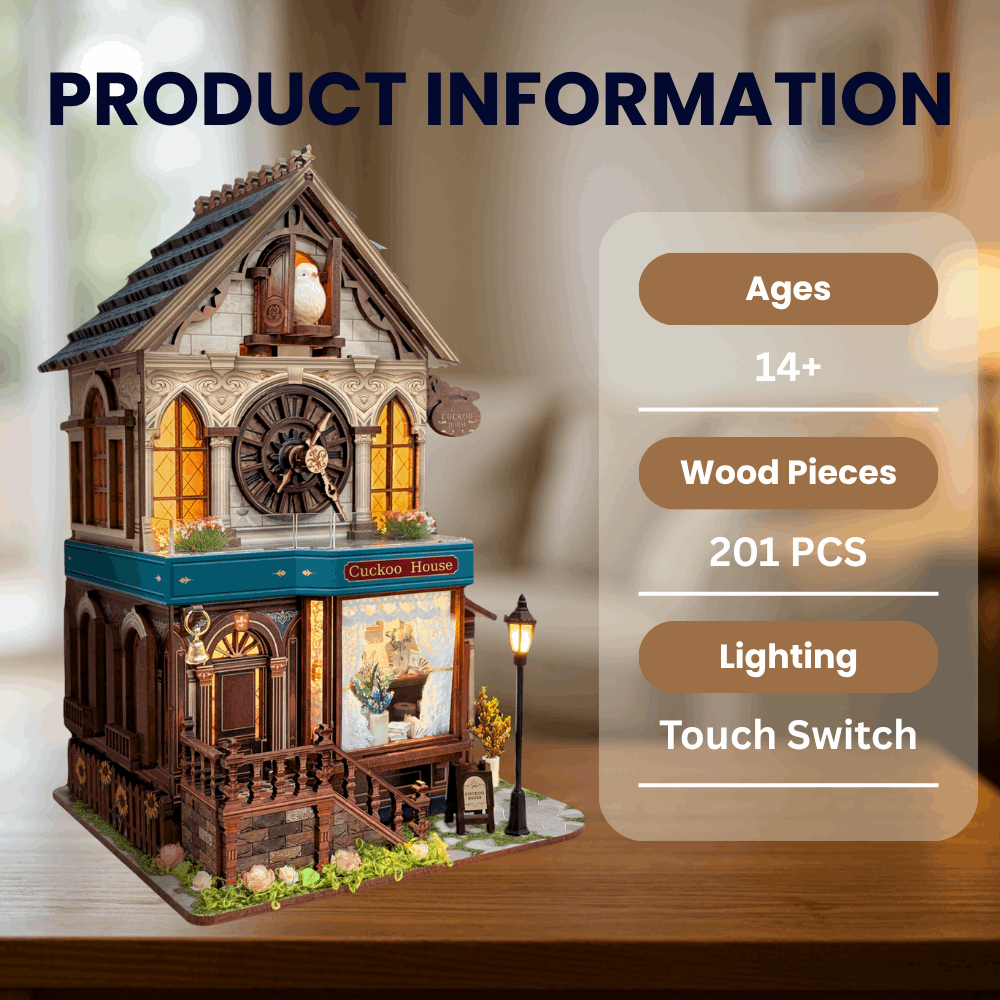 Cuckoo Clock House specification card beside the assembled miniature building.