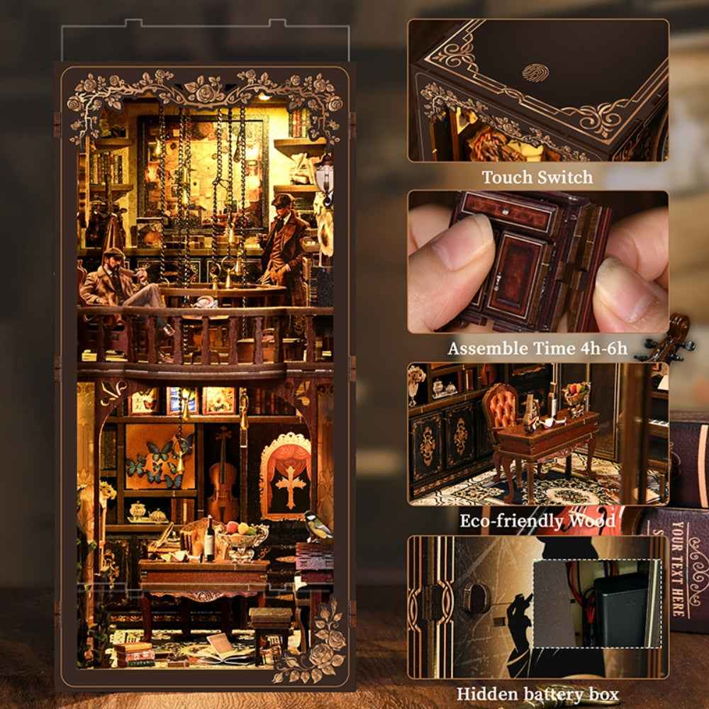 Dark Box Mystery Case feature collage showing the touch switch, assembly detail and battery compartment.