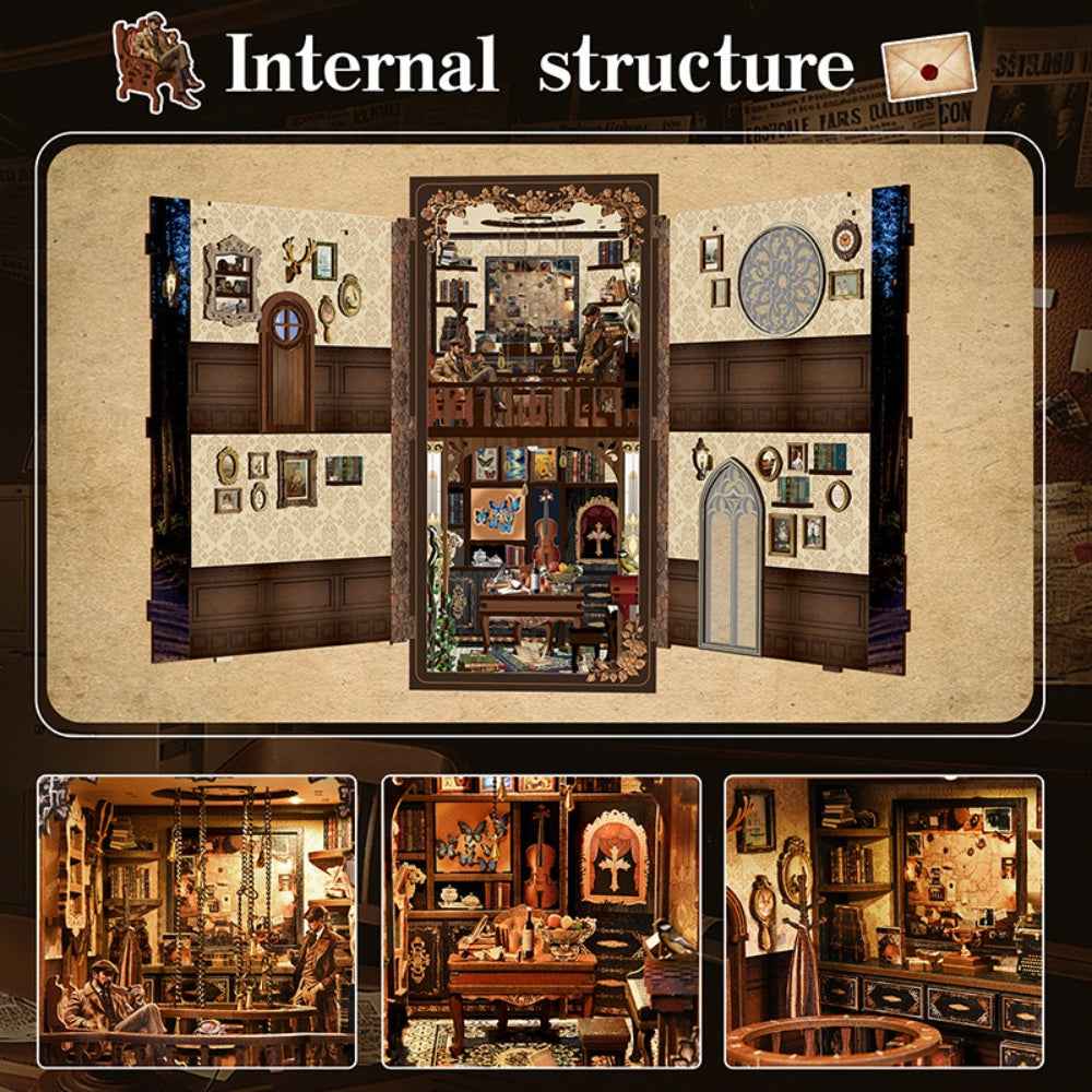 Dark Box Mystery Case interior collage showing the opened panels and detailed study furniture.