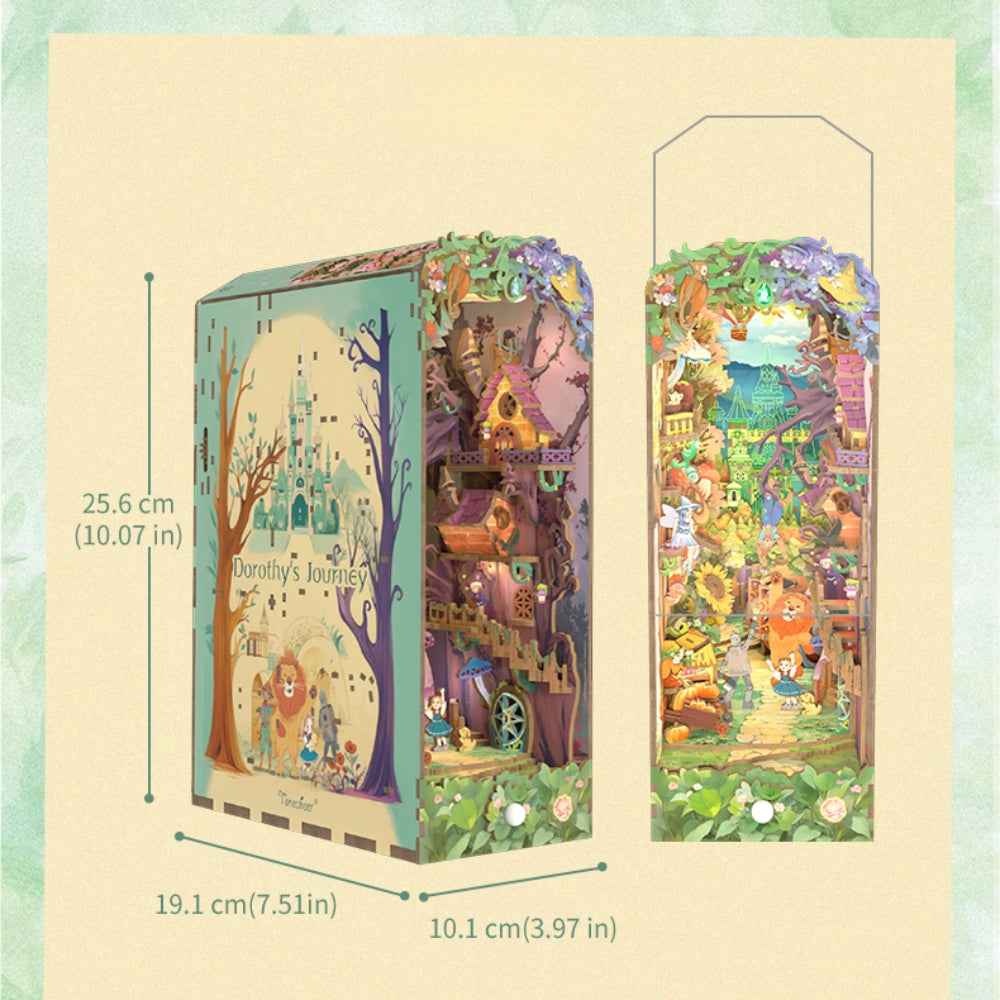 Dorothy's Journey colorful edition shown from two angles with finished dimensions.