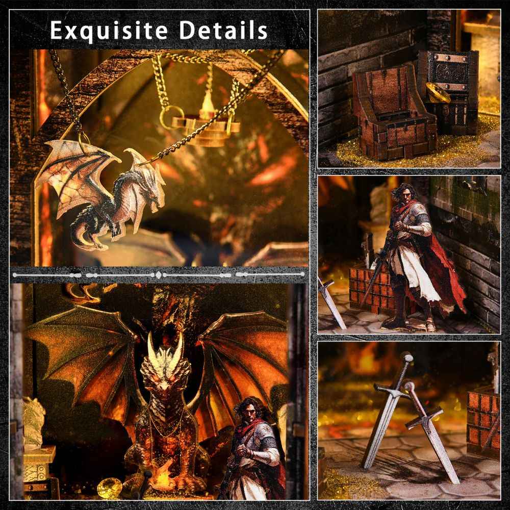 Dragon's Treasure Labyrinth details showing a suspended dragon, treasure chest, warrior and swords.