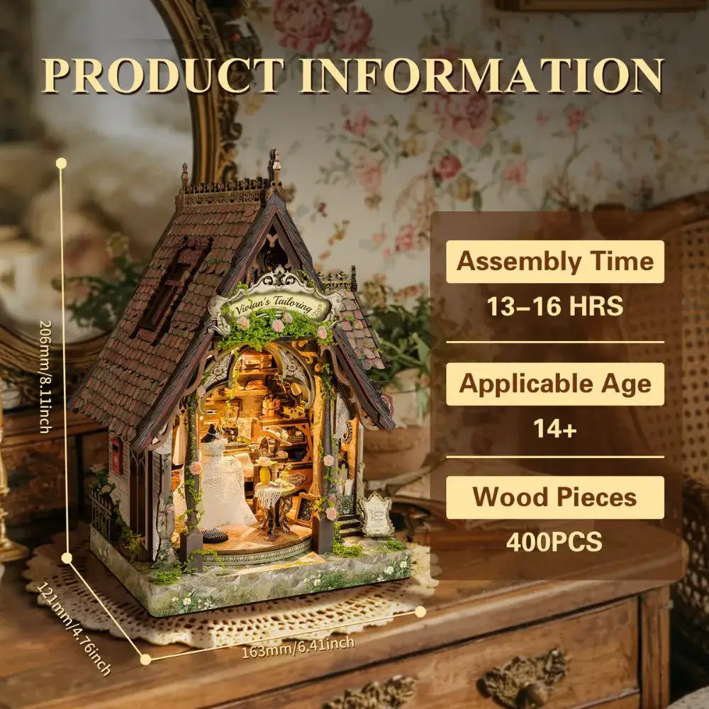 Dream Dress Studio specification card with dimensions and assembly information.