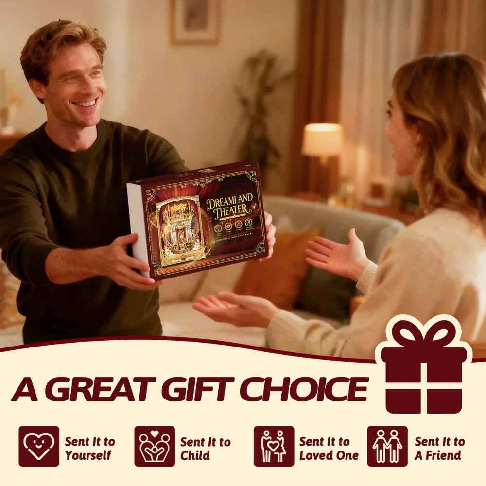 Two adults exchanging a Dreamland Theater kit box.