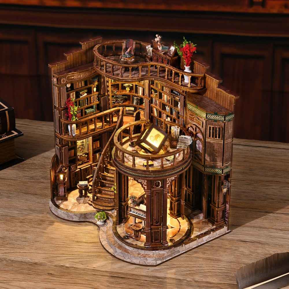 Angled Dreamy Book Hall showing curved balconies, miniature books and warm lights.