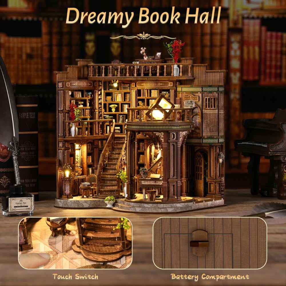 Dreamy Book Hall with close-ups of the touch switch and rear battery compartment.