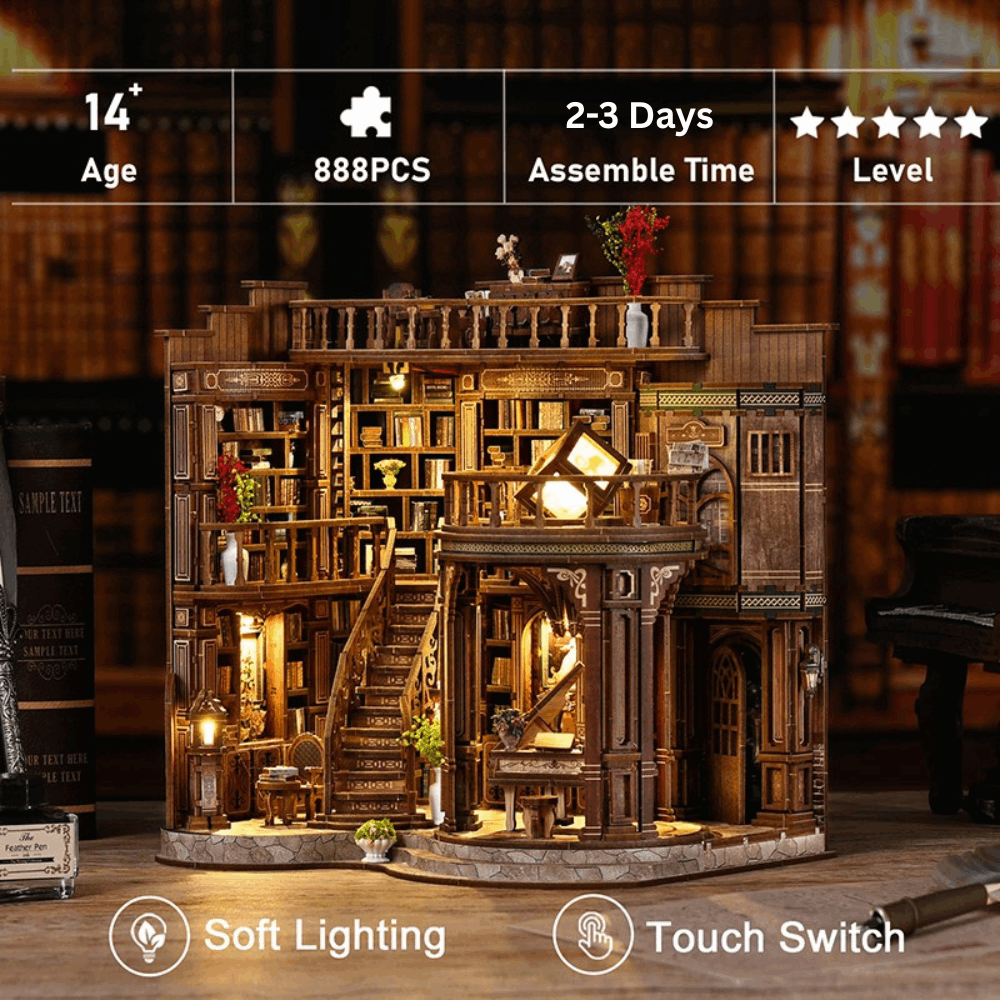 Dreamy Book Hall specification card beside the illuminated library model.