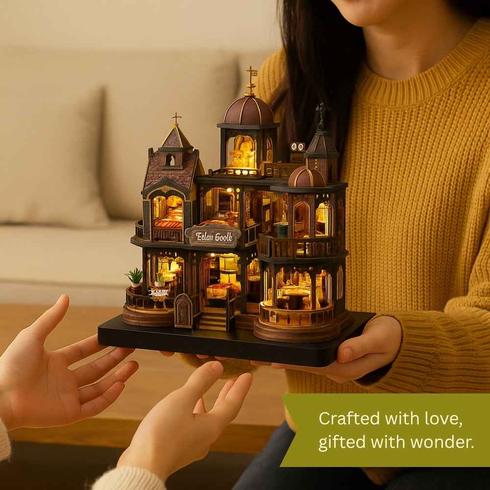 Woman holding the Edinburgh Castle miniature house as another person reaches toward it.
