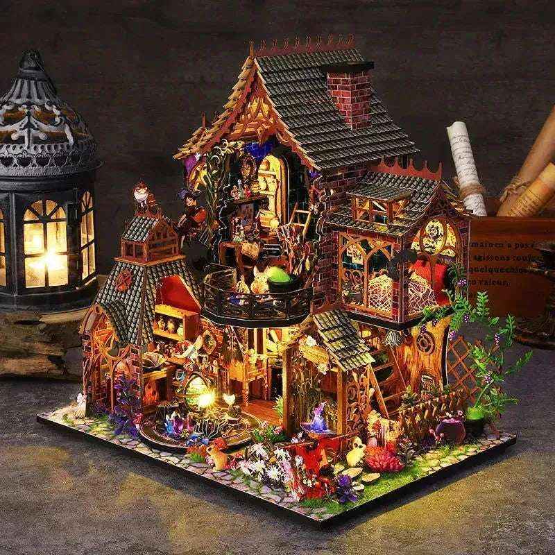 Angled view of Elf House in the Forest showing the flower-covered façade and purple window.