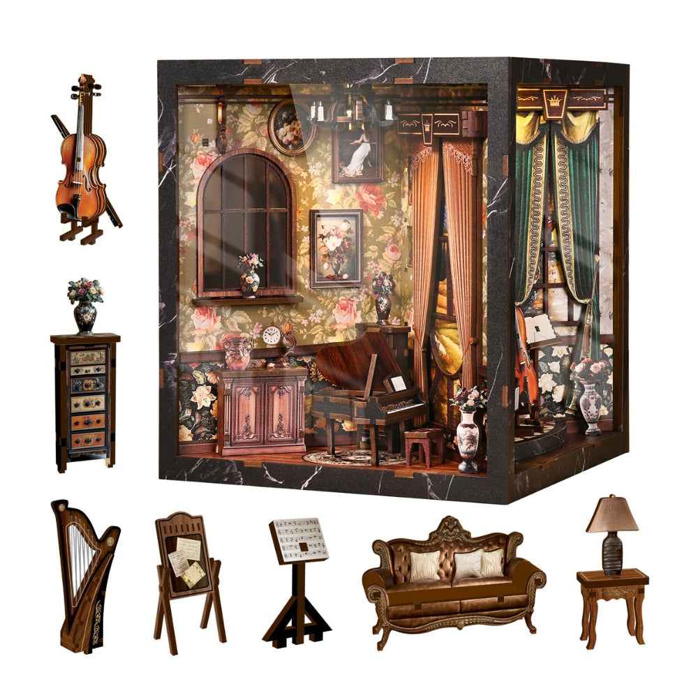 European Melody room with its miniature instruments and furniture pictured separately.