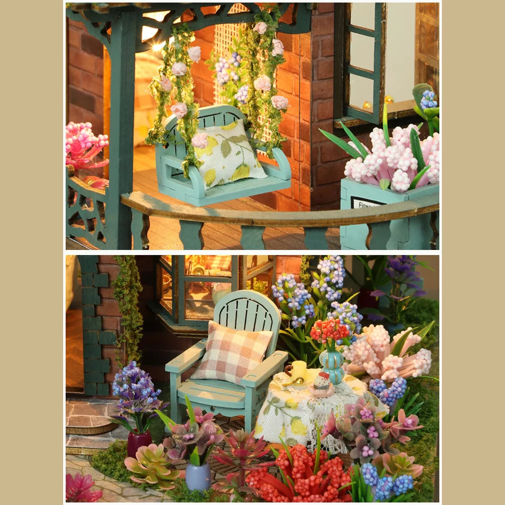 Fairy Garden miniature porch swing and garden chair surrounded by flowers.