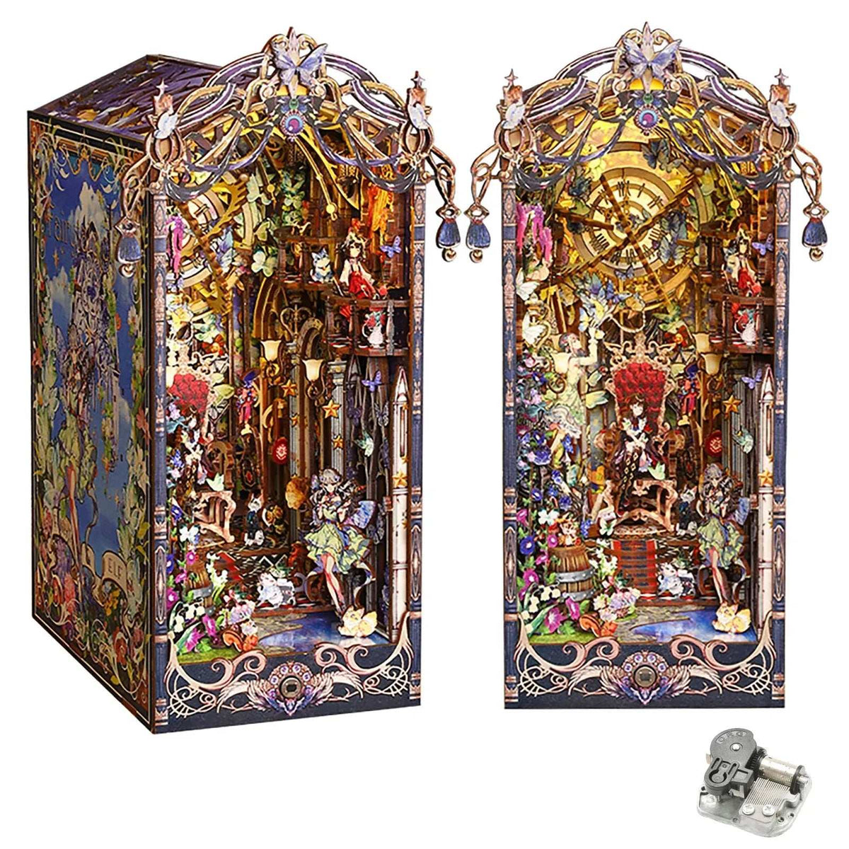 Two views of Fairytale Houses with a music mechanism pictured alongside.