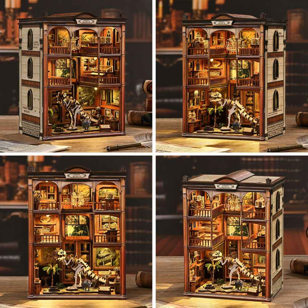Fossil Museum shown from several angles with its front panels open and closed.
