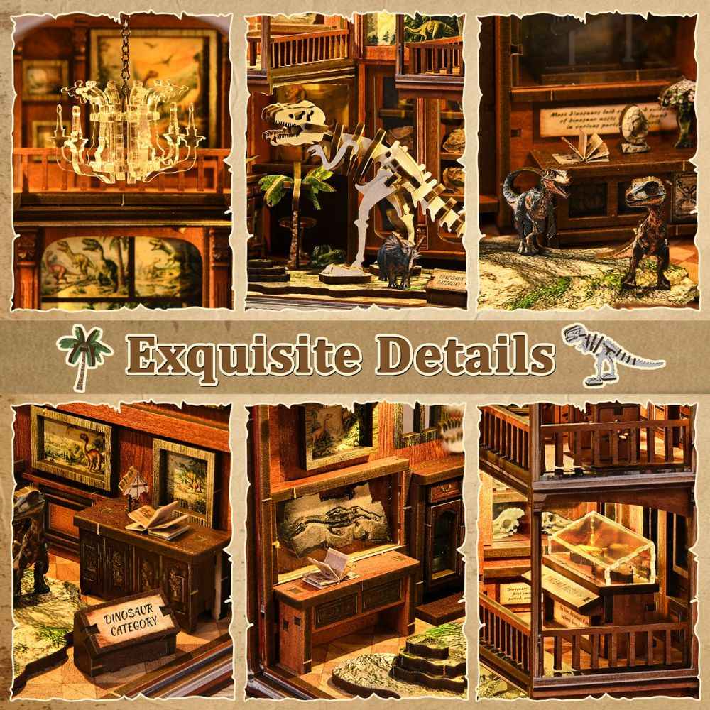 Fossil Museum details showing a chandelier, dinosaur skeleton, specimen cabinets and guide sign.